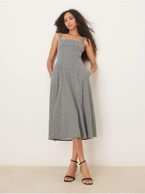 Black and White Gingham Square-Neck Midi Dress